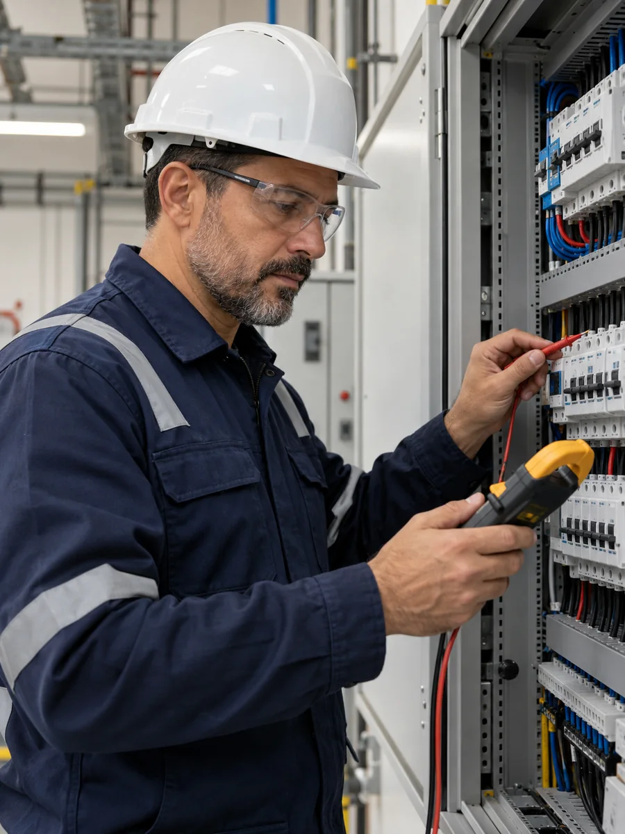 Imagem ilustrativa de eletricista com uniforme técnico azul, capacete branco e óculos avaliando um quadro elétrico